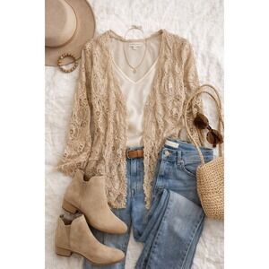 Altar'd‎ State Beige Floral Lace Open Front Cardigan Boho Sheer Large Romantic